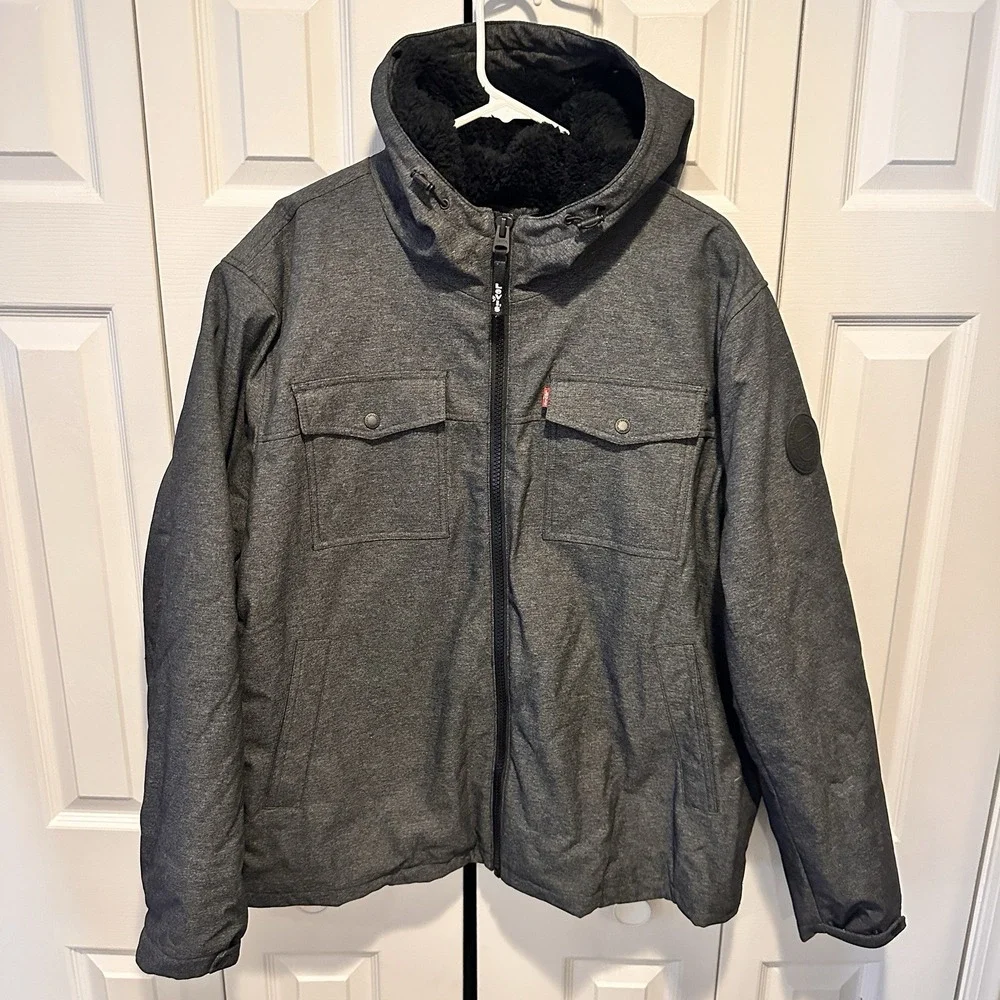 Levi's Men's Soft Shell Hooded Storm Coat Graphite‎ Heather Sherpa XX Large NWOT